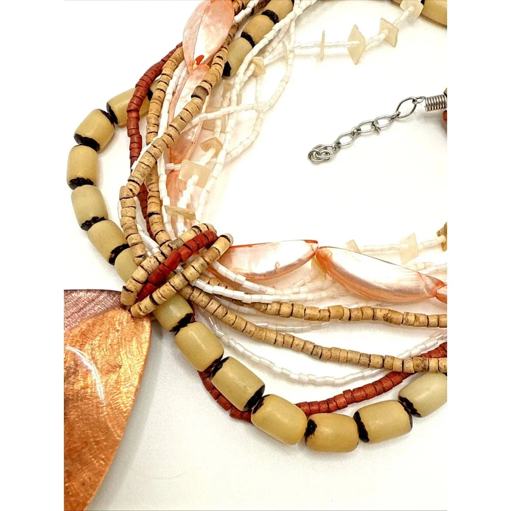 Boho Multi Strand Statement Necklace Pink Shell Beads Wood Tribal Pendant 18-20